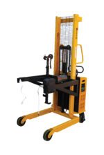 The Vestil DC Power Drum Lifter/Rotator/Transport is a versatile yellow manual stacker with a lifting mechanism, adjustable arms, wheels for mobility, and a handle for smooth operation—ideal for efficient lifting and transporting of drums.