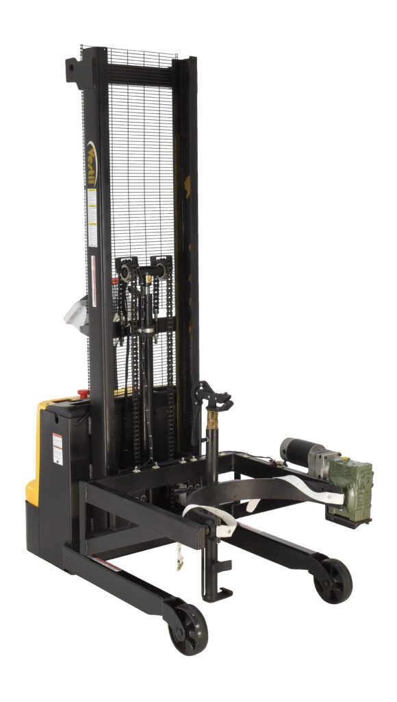 DRUM-LRT-DC-SCL_A.jpg The Vestil DC Power Drum Lifter/Rotator/Transport stacker, in yellow and black, features extended forks, a vertical lifting mechanism, and wheels for mobility—ideal for efficiently lifting and moving pallets or heavy items.