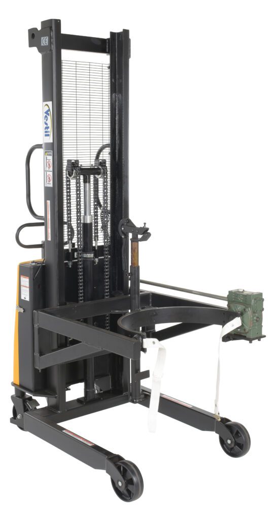 DRUM-LRT-DC_A.jpg The Vestil Dc-Drum Lifter / Rotator / Transporter features a robust vertical lifting mechanism with chains and an adjustable fork, plus a manual handle, front wheels, and sturdy platform for effortlessly handling heavy objects.