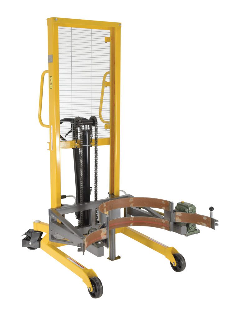 DRUM-LRT-EC_A.jpg The Vestil Drum Lifter/Rotator/Transport W/Strap, with a metal frame, hydraulic lift, and wheels for mobility, securely lifts cylindrical objects like drums using its gripping mechanism for safe and efficient transport.