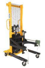 The Vestil Manual Drum Lifter/Rotator/Transporter features a bright yellow drum stacker with a robust black frame and wheels, including an easy-to-use handle, secure load straps, and a stabilizing grid for efficient drum handling.