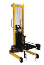 A yellow Vestil Drum Lifter/Rotator/Transporter with a black platform, designed for lifting and moving pallets. It features a safety mesh guard, hand controls, and mobility wheels.