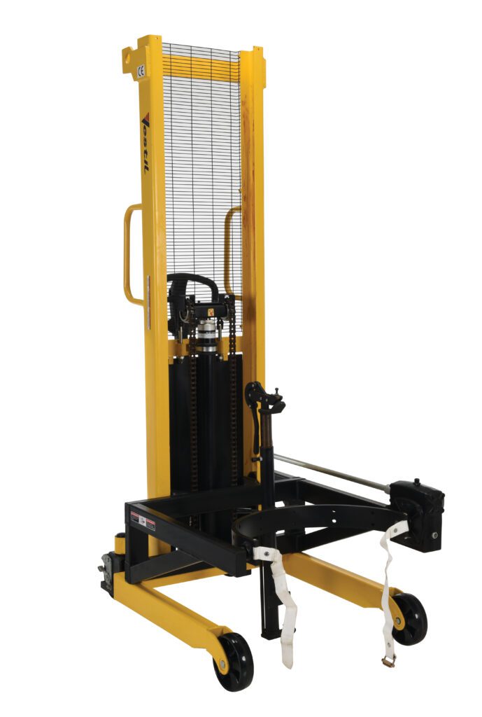 DRUM-LRT_A.jpg A yellow Vestil Drum Lifter/Rotator/Transporter with a black platform, designed for lifting and moving pallets. It features a safety mesh guard, hand controls, and mobility wheels.