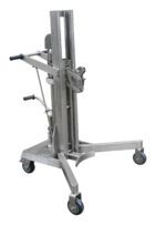 The Vestil Stainless Steel Drum Lifter/Transporter, with a sleek vertical frame, features two handles and a wide, sturdy base on four caster wheels for seamless mobility during handling tasks.