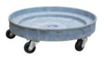 The Vestil Multi-Level Plastic Drum Dolly 30/55 Gal features a round gray platform with four black swivel caster wheels, ideal for easy transport of heavy drums.
