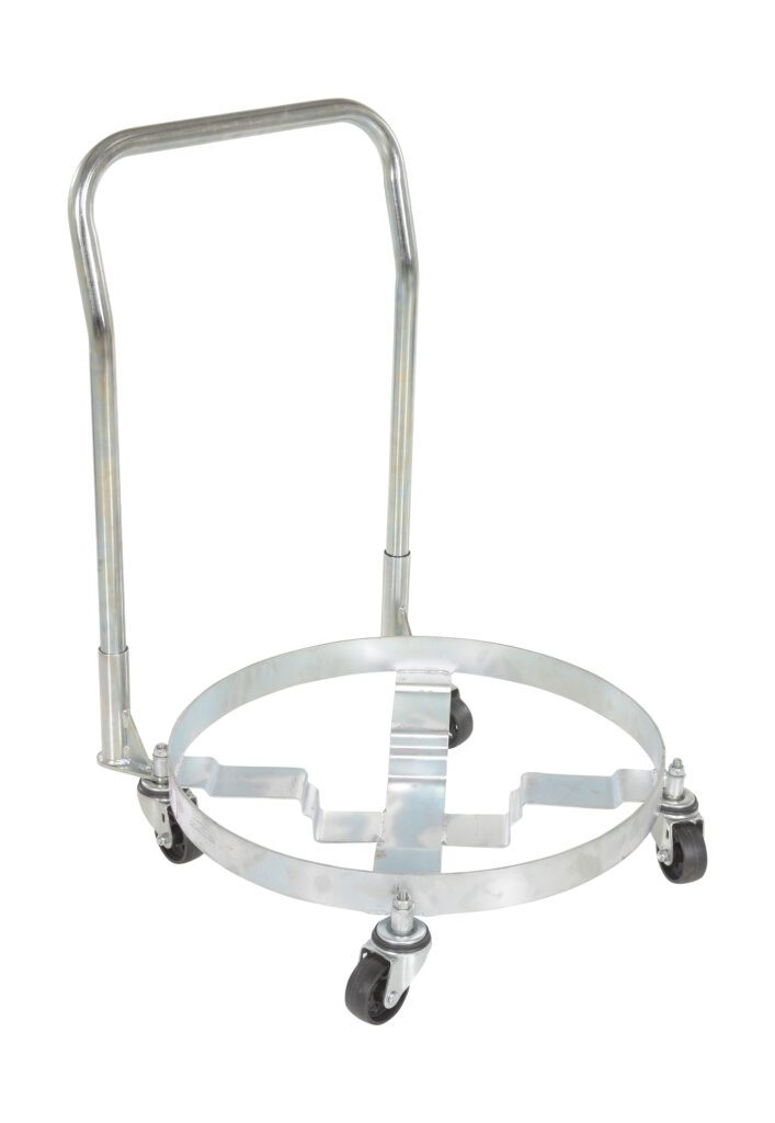 DRUM-QUAD-C-HDL_A.jpg The Vestil Multi-Purpose Quad Drum Dolly W/Handle 1200 Lb is a metal cart with four swivel casters and a handle, specially designed to transport large circular items such as barrels or drums, featuring a circular frame and supports for secure handling.