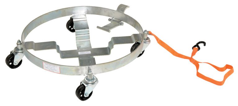 DRUM-QUAD-C-TLT_A.jpg The Vestil Multi-Purpose Tilting Drum Dolly 1200 Lb has a sturdy circular frame, four swivel casters, an orange pull strap, and a black hook for easy movement of cylindrical items.
