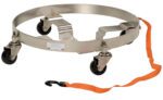 The Vestil Multi-Purpose Quad Drum Dolly 900 Lb is a metal circular dolly with four caster wheels, an orange strap, and a black hook. It efficiently supports and moves cylindrical objects with its robust 900 lb capacity.