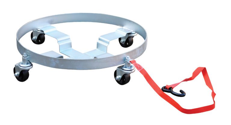 The Vestil Multi-Purpose Quad Drum Dolly 1200 Lb features four black caster wheels and a red strap with a hook, ideal for effortlessly maneuvering heavy loads up to 1200 lb.