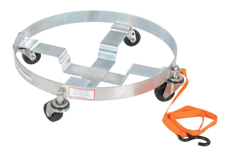 DRUM-QUAD-H_A.jpg Introducing the Vestil Multi-Purpose Quad Drum Dolly Hr 900 Lb, a silver dolly with four black swivel caster wheels. It includes an adjustable orange strap with a hook and a circular frame to securely hold and transport up to 900 lbs of cylindrical objects.