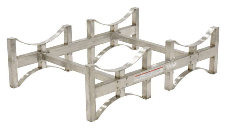 DRUM-RACK-2-SS_A.jpg The Vestil Stackable Drum Rack Ss 2 Drum-55 features a metallic frame with a rectangular base, curved supports, parallel slats, and interlocking joints for efficient stacking and stability against a plain white background.