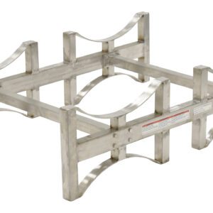 The Vestil Stackable Drum Rack Ss 2 Drum-55 features a metallic frame with a rectangular base, curved supports, parallel slats, and interlocking joints for efficient stacking and stability against a plain white background.
