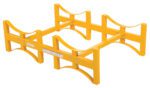 The Vestil Stackable Drum Rack 2 Drum 55 Gallon is a yellow metal frame with four arch-shaped supports per side, a rectangular base, horizontal crossbars, and labeled areas, designed to hold two 55-gallon drums for stability and support.