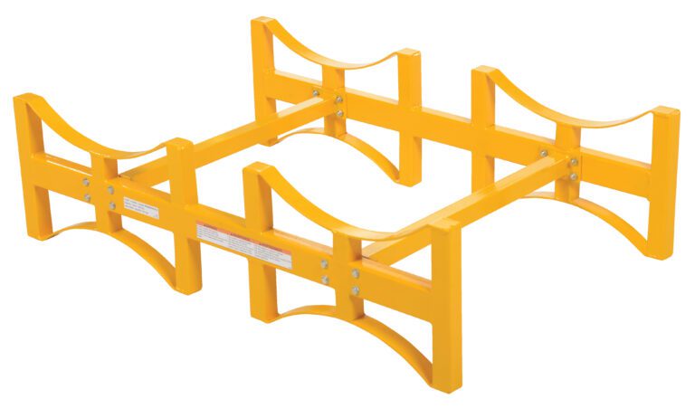 DRUM-RACK-2_A.jpg The Vestil Stackable Drum Rack 2 Drum 55 Gallon is a yellow metal frame with four arch-shaped supports per side, a rectangular base, horizontal crossbars, and labeled areas, designed to hold two 55-gallon drums for stability and support.