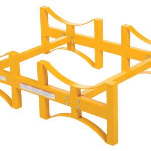 The Vestil Stackable Drum Rack 2 Drum 55 Gallon is a yellow metal frame with four arch-shaped supports per side, a rectangular base, horizontal crossbars, and labeled areas, designed to hold two 55-gallon drums for stability and support.