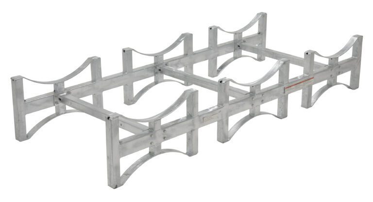 The Vestil Stackable Drum Rack Galv 3 Drum-55 is designed for storing cylindrical objects, with six compartments supported by curved metal bars on each side. Its shiny silver metal construction provides a sturdy, industrial design ideal for robust storage needs.