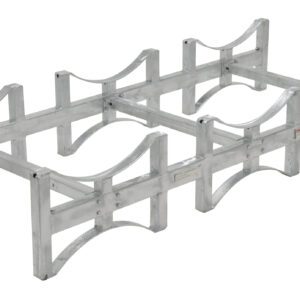 The Vestil Stackable Drum Rack Galv 3 Drum-55 is designed for storing cylindrical objects, with six compartments supported by curved metal bars on each side. Its shiny silver metal construction provides a sturdy, industrial design ideal for robust storage needs.