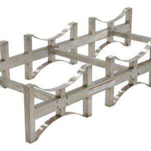 The Vestil Stackable Drum Rack Ss 3 Drum-55 is a silver metal rack with a rectangular frame, multiple arches, and sturdy supports, ideal for securely holding items. Its industrial and utilitarian design makes it perfect for practical storage needs.