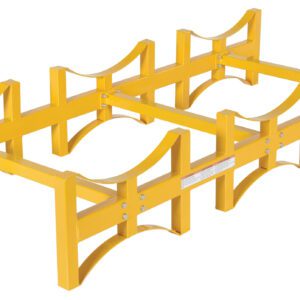 The image displays a yellow metal rack akin to the Vestil Stackable Drum Rack 3 Drum 55 Gallon. Featuring multiple curved sections, its crafted to securely hold and organize three 55-gallon gas cylinders, ensuring stability and safety.