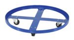 The Vestil Over Pack Drum Dolly, a blue metal dolly with a 900 lb capacity, features a circular frame, four caster wheels, and cross brace support for easy movement of large objects.
