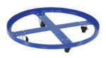 The Vestil Over Pack Drum Dolly 900 Lb Cap 32 In has a blue metal frame with a 32-inch diameter, supports up to 900 lbs, and includes four swivel caster wheels and a cross-brace, perfect for efficiently moving heavy items.