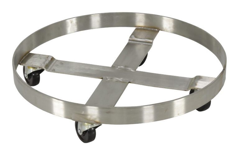 DRUM-SS-55-H_A.jpg The Vestil Mobile Drum Dolly-Stainless Steel 55 Gal, featuring a round metal design with four caster wheels and a cross-shaped support structure, provides stability and easy maneuverability for transporting large or heavy items effortlessly.