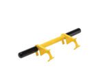 A yellow and black barbell attachment, similar to the sturdy Vestil Drum Stik-Handle And Bung Wrench, has dual hooks for secure fastening. It also features two black cylindrical grips on each side, perfect for holding or resting weights efficiently.