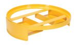 A yellow metal guard rail with two horizontal and vertical bars enhances the sturdy Vestil Drum Stand, which boasts a 55-gallon capacity and a 1500 lb load-bearing strength.
