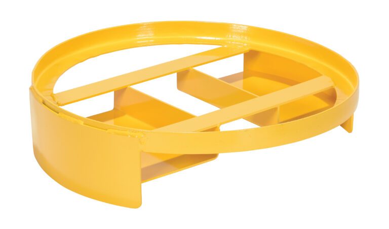 DRUM-ST_A.jpg A yellow metal guard rail with two horizontal and vertical bars enhances the sturdy Vestil Drum Stand, which boasts a 55-gallon capacity and a 1500 lb load-bearing strength.