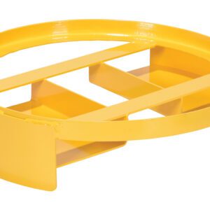 A yellow metal guard rail with two horizontal and vertical bars enhances the sturdy Vestil Drum Stand, which boasts a 55-gallon capacity and a 1500 lb load-bearing strength.