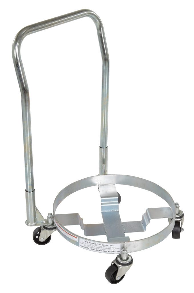 The Vestil Three Tier Drum Dolly W/Handle 1200 Lb is a sturdy silver dolly with a circular base and four black caster wheels. It supports up to 1200 lbs, offers easy handling with its tall handle, and effortlessly secures and transports round items using an open center.
