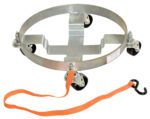 The Vestil Multi-Purpose Three Tier Drum Dolly 1.2K is designed for round metal tanks and features a durable metal build, five caster wheels for easy movement, and an orange hook strap for secure handling.