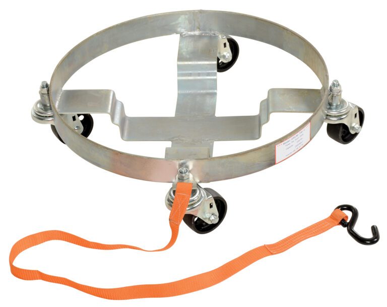 DRUM-TRI-C_A.jpg The Vestil Multi-Purpose Three Tier Drum Dolly 1.2K is designed for round metal tanks and features a durable metal build, five caster wheels for easy movement, and an orange hook strap for secure handling.