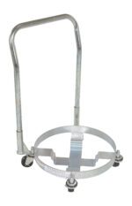 The Vestil Three Tier Drum Dolly W/Handle 900 Lb, with a circular base and two caster wheels, is designed to hold and transport round objects like drums or cylinders up to 900 lbs. It features a sturdy vertical handle for easy maneuvering.