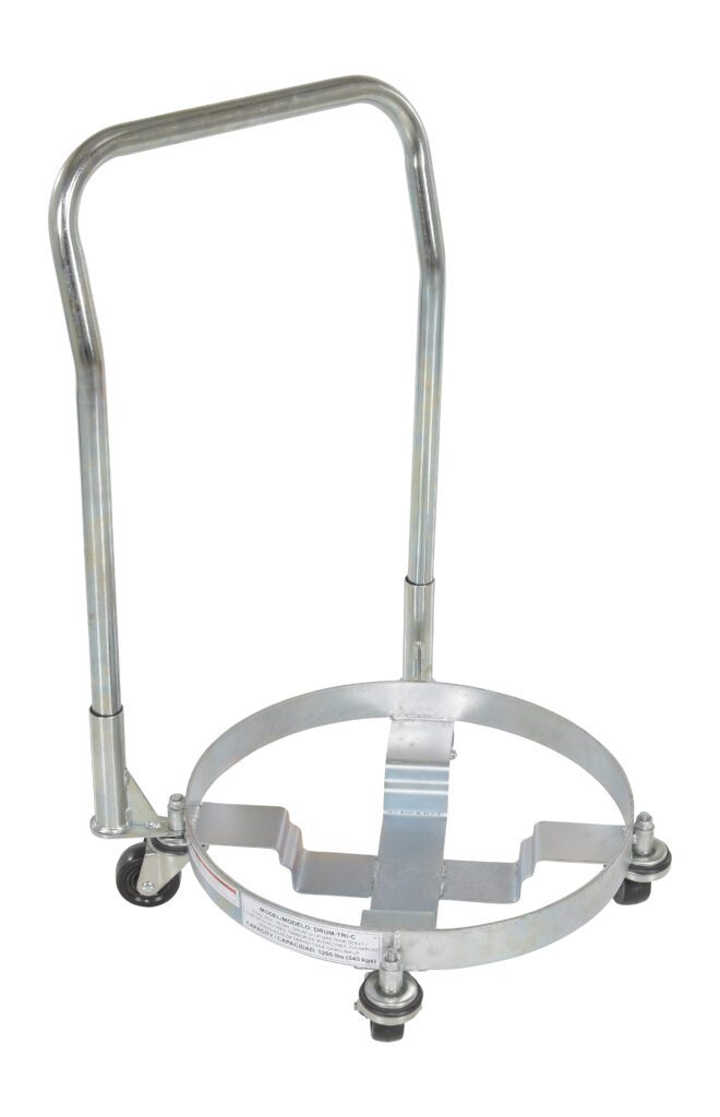 DRUM-TRI-H-HDL_A.jpg The Vestil Three Tier Drum Dolly W/Handle 900 Lb, with a circular base and two caster wheels, is designed to hold and transport round objects like drums or cylinders up to 900 lbs. It features a sturdy vertical handle for easy maneuvering.
