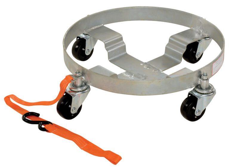 DRUM-TRI-H_A.jpg The Vestil Multi-Purpose 3 Tier Drum Dolly 900Lb is a circular metal dolly with four swivel casters, perfect for moving large items like drums. It includes a red-orange strap and metal hook for secure towing, supporting up to 900 lbs efficiently.