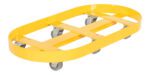 The Vestil Double Drum Dolly features sturdy cast iron casters and a yellow, oval-shaped platform, ideal for transporting heavy items. Its flat metal frame and crossbars ensure stability and durability.