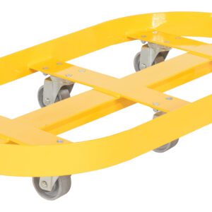 The Vestil Double Drum Dolly features sturdy cast iron casters and a yellow, oval-shaped platform, ideal for transporting heavy items. Its flat metal frame and crossbars ensure stability and durability.