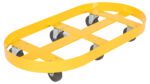 The Vestil Double Drum Dolly 30 Gallon Gfn Casters features a yellow, oval design and four securely attached black wheels. Its metal frame with crossbars ensures robust support, making it ideal for effortlessly transporting 30-gallon drums or bulky items.