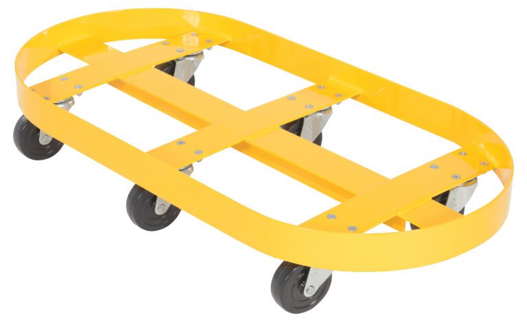 The Vestil Double Drum Dolly 30 Gallon Hard Rubber Casters features a yellow oval frame with metal crossbars, designed for moving heavy 30-gallon items. Its hard rubber wheels swivel easily, ensuring smooth maneuverability and lasting durability.
