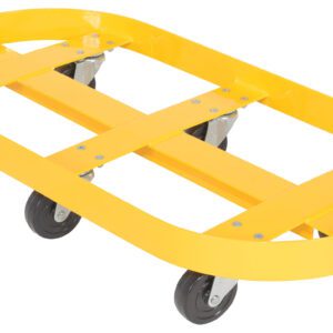 The Vestil Double Drum Dolly 30 Gallon Hard Rubber Casters features a yellow oval frame with metal crossbars, designed for moving heavy 30-gallon items. Its hard rubber wheels swivel easily, ensuring smooth maneuverability and lasting durability.