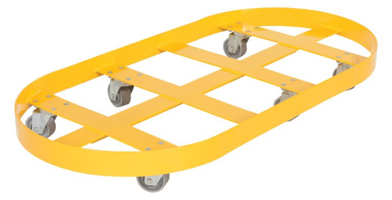DRUM-X2-55-CI_A.jpg The Vestil Double Drum Dolly 55 Gallon Cast Iron Casters is a yellow, oval platform with six cast iron casters and a sturdy crisscross metal pattern, designed to transport 55-gallon drums efficiently.