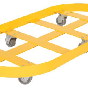 The Vestil Double Drum Dolly 55 Gallon Cast Iron Casters is a yellow, oval platform with six cast iron casters and a sturdy crisscross metal pattern, designed to transport 55-gallon drums efficiently.