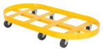 The Vestil Double Drum Dolly 55 Gallon Gfn Casters is a yellow oval flatbed with a metal frame and five casters, featuring crossbars for extra support, ideal for effortlessly moving heavy objects and transporting up to 55-gallon drums.