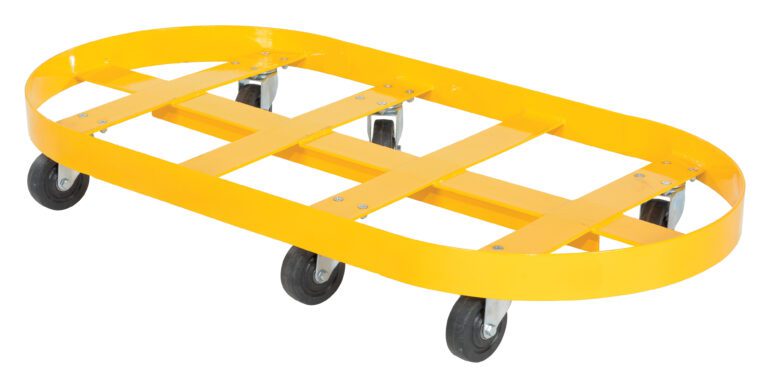 DRUM-X2-55-GFN_A.jpg The Vestil Double Drum Dolly 55 Gallon Gfn Casters is a yellow oval flatbed with a metal frame and five casters, featuring crossbars for extra support, ideal for effortlessly moving heavy objects and transporting up to 55-gallon drums.