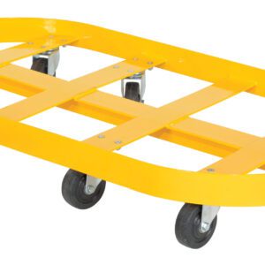 The Vestil Double Drum Dolly 55 Gallon Gfn Casters is a yellow oval flatbed with a metal frame and five casters, featuring crossbars for extra support, ideal for effortlessly moving heavy objects and transporting up to 55-gallon drums.