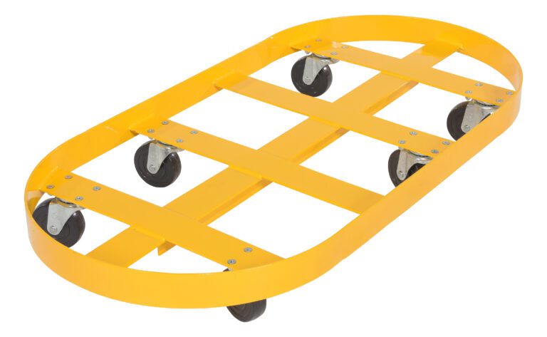 The Vestil Double Drum Dolly 55 Gallon, with a yellow oval frame and crossbars for support, includes six black hard rubber casters, making it ideal for transporting heavy items such as 55-gallon drums.