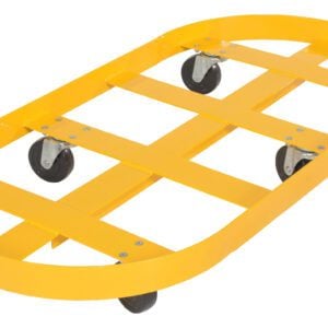 The Vestil Double Drum Dolly 55 Gallon, with a yellow oval frame and crossbars for support, includes six black hard rubber casters, making it ideal for transporting heavy items such as 55-gallon drums.