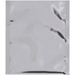 A plain silver metallic foil packet with a reflective surface is displayed against a white background. The sealed MH-USA 6 x 8 Moisture Barrier Bag shows slight creases and dents, emphasizing its durability.