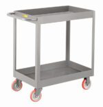 The Little Giant 3-Inch Deep Shelf Truck is a gray two-tier metal utility cart with an open top and handle. It features four red caster wheels for easy movement and stands empty against a plain white background, ready for versatile use.